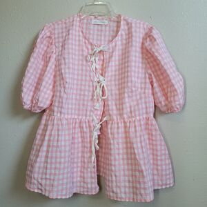 Grace &‎ Emma Pink Gingham Blouse with Tie Details